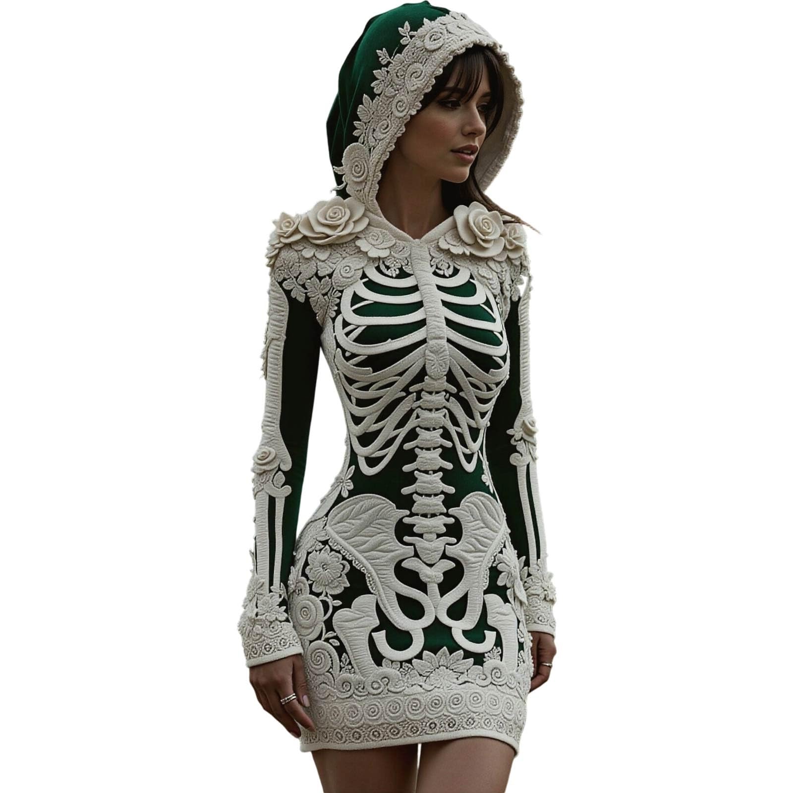 Halloween Dresses for Women UK Ladies Skeleton Print Maxi Dress Long Sleeve Halloween Costume Gothic Fancy Dress Costume Spooky Skeleton Printed A Line Long Gown Hooded Cape for Themed Party