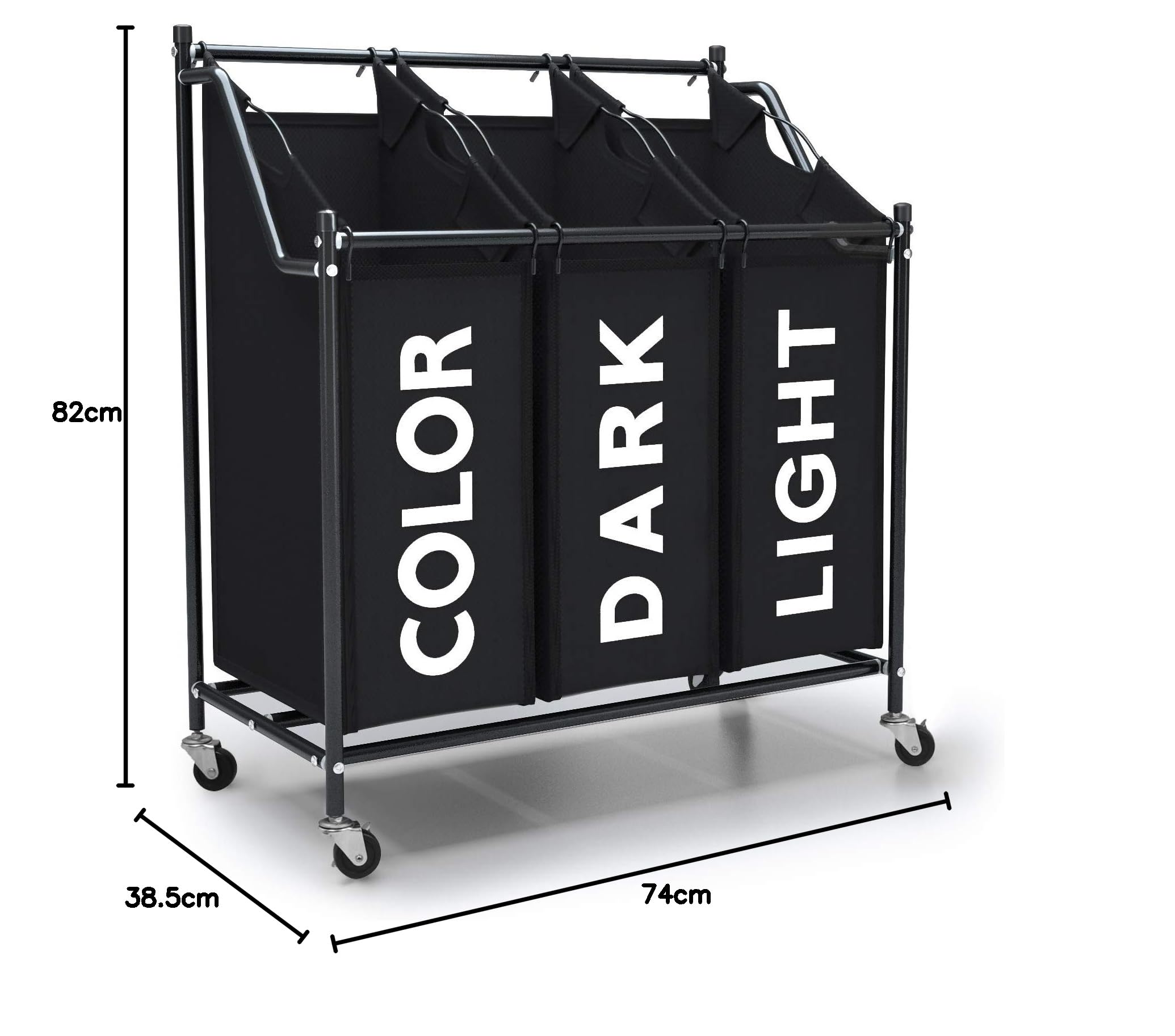 Mondeer Carrello Porta Biancheria con 3 Sacchi Rimovibili, Ceste per Bucato con Rotelle Universali, capacità Totale di 135 Litri,3x45L & 4x45L (Nero 01)