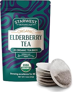 Starwest Botanicals Organic Elderberry Tea - Caffeine Free Herbal Tea Blend, Immune System Support, String Free Sachets, USDA Organic Elderberries & Elder Flower, Non GMO - 20 Tea Bags