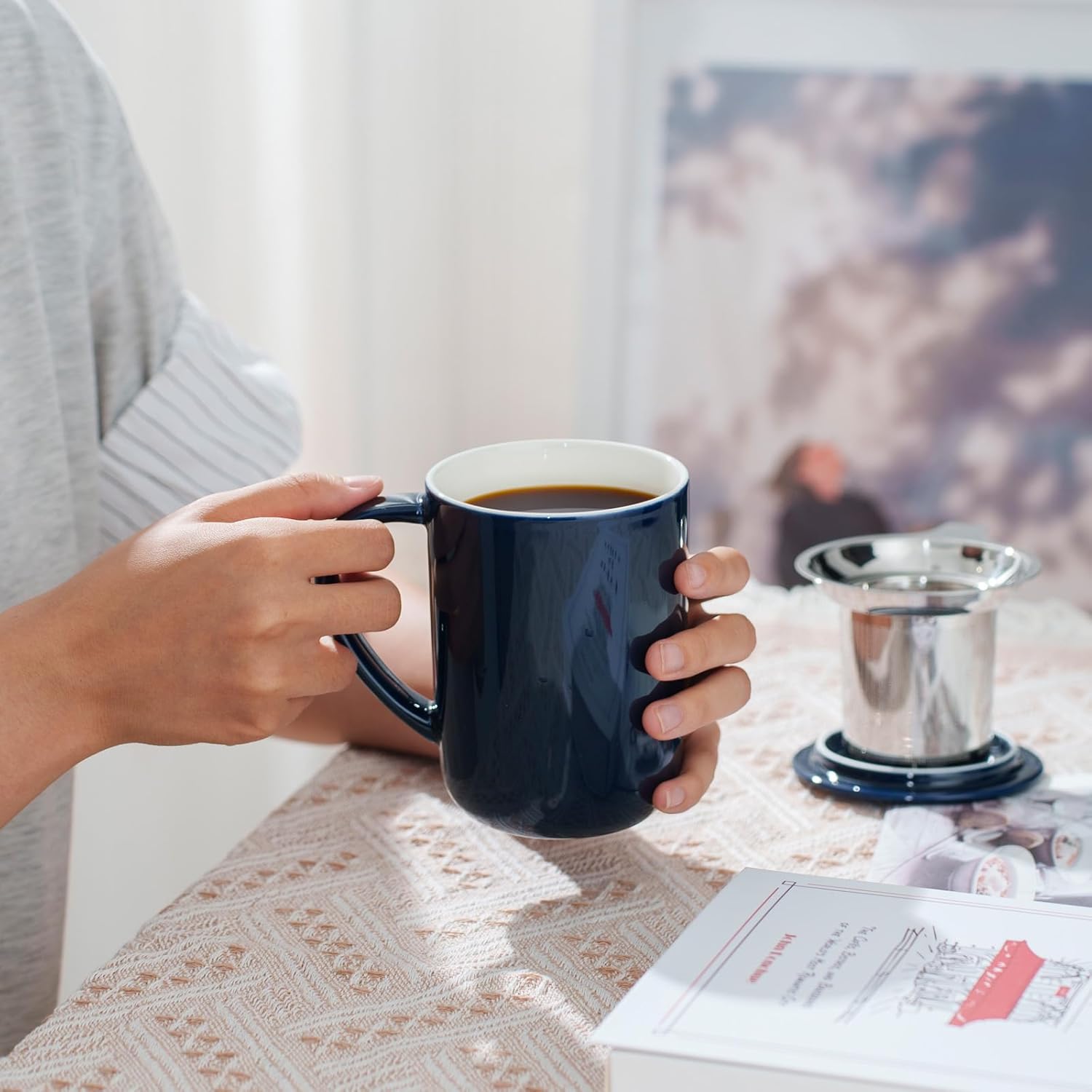 Porcelain Tea Mug with Infuser and Lid, Teaware with Filter and Coaster, Loose Leaf Tea Cup Steeper Maker, 16 OZ for Tea/Coffee/Milk/Women/Office/Home/Gift (Navy Blue) - Image 7