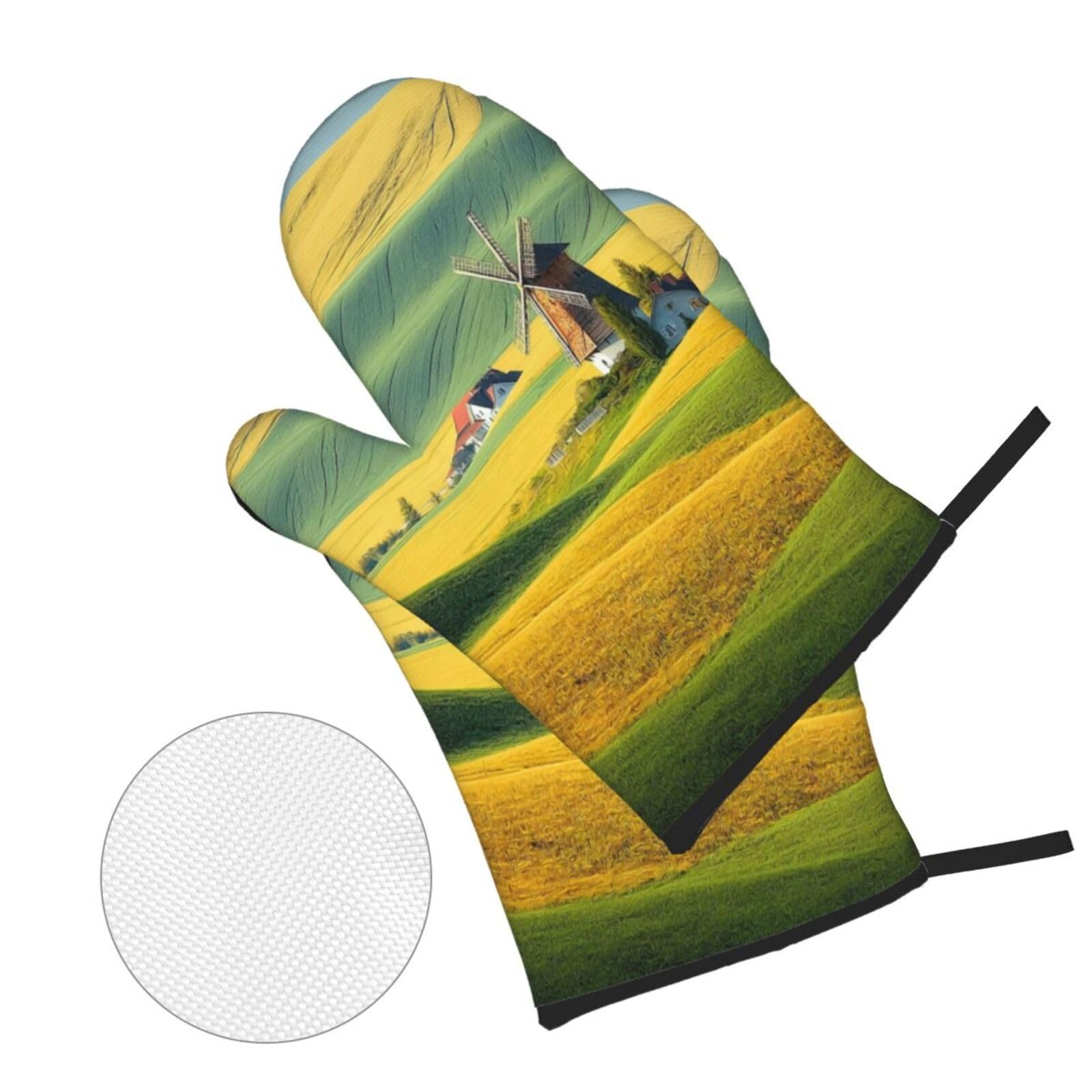 Guantes Barbacoa Planta Oro Verde Guantes Horno un par y 2 Manteles Aislados, para Cocinar Barbacoa, Parrilla Impermeable, Resistente al Aceite y al Calor
