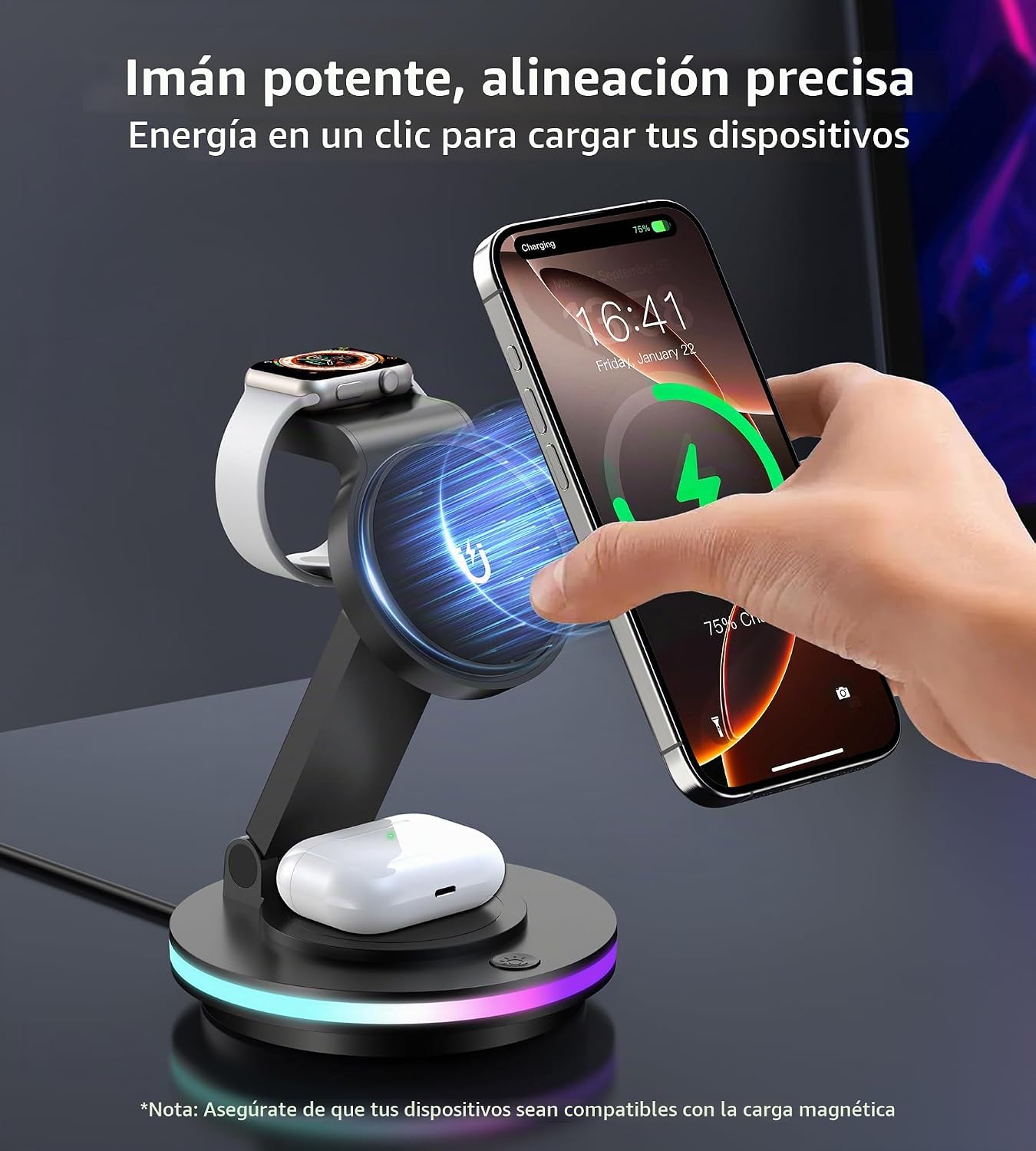 Cargador mag Safe, Estación de Carga 3 en 1 para Apple Watch y iPhone, Plegable, Giratorio con Ajuste de Luz, Cargador Inalámbrico Soporte de Carga para iPhone 16/15/14, AirPods (Sin Adaptador)-Negro 7