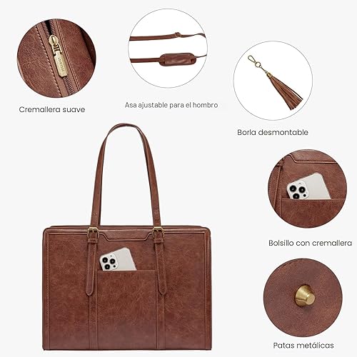 Miniatura 5 de LOVEVOOK Bolsa de mano para laptop para mujer, bolsa de trabajo vintage de 15.6 pulgadas con embrague, bolso grande de cuero para laptop con soporte