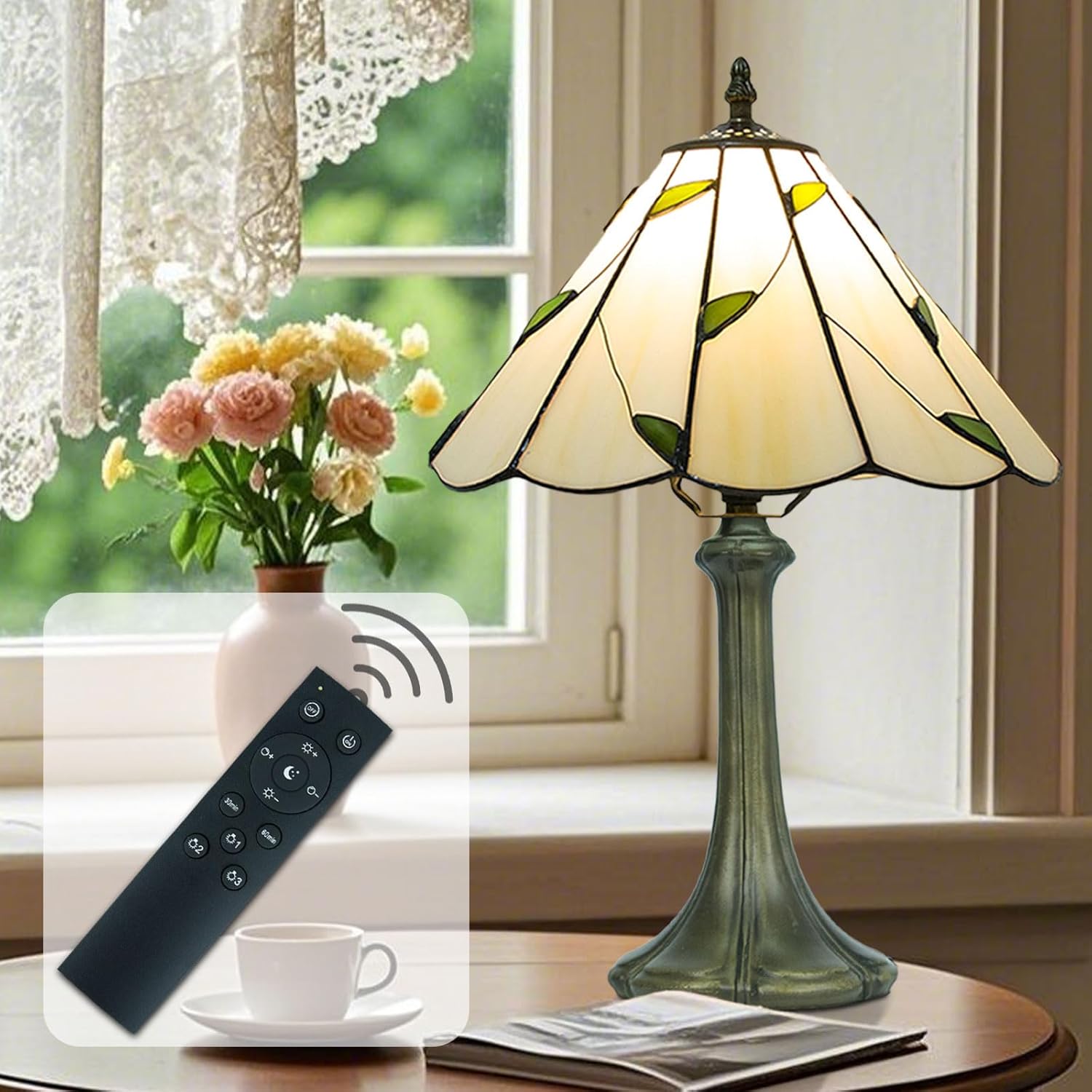 Tiffany Style Table Lamp, Small Stained Glass Lamp for Bedside, Bedroom, Nightstand, Living Room, 12 Inch Mini Vintage Light Included E26 Bulbs with Remote Control (White with Leaves)