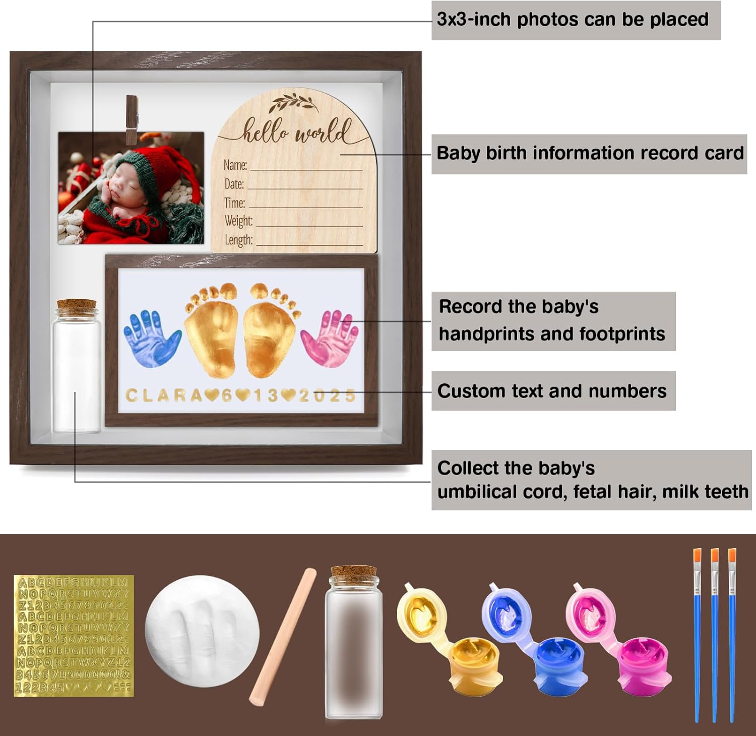 Baby Hand and Footprint Frame Keepsake Set，Hello World Birth Announcement Sign，Newborn Birth Stats Disc,New Baby Name Sign for Hospital,Welcome To The World (Walnut)