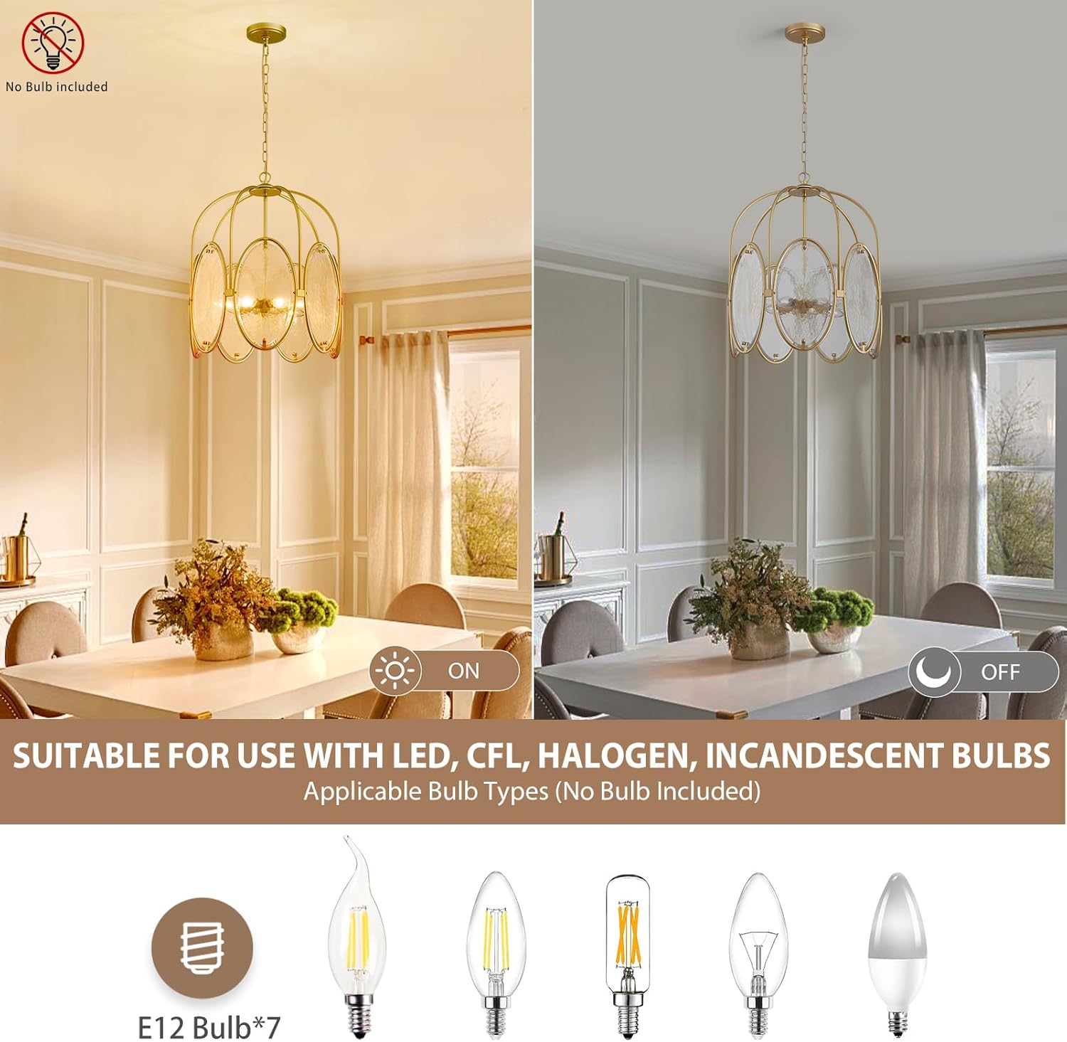 Modern Glass Chandelier for Dining Room, 7-Lights Gold Drum Ceiling Pendant Lighting Fixture, 17.7" Farmhouse Chandelier for Foyer Bedroom Living Room