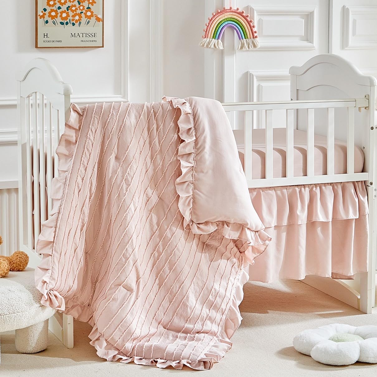 Crib Bedding Set - Pink, Cotton, Ruffled, Tufted