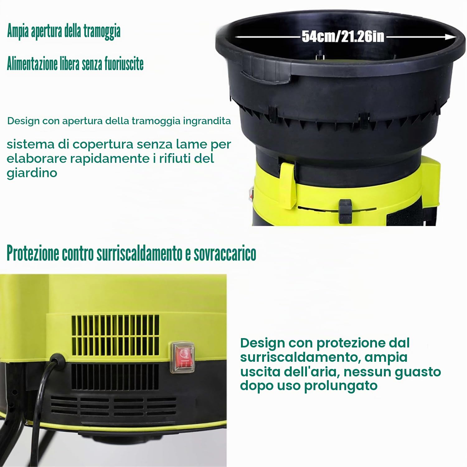 2500 W Trituratore Elettrico per Foglie Con Cavo Con Manopola Di Bloccaggio Sicurezza,Trituratore Da Giardino Con Sacco Raccolta E Ruote,Per Foglie Secche,Erba E Sfalci Giardino,noPowercord