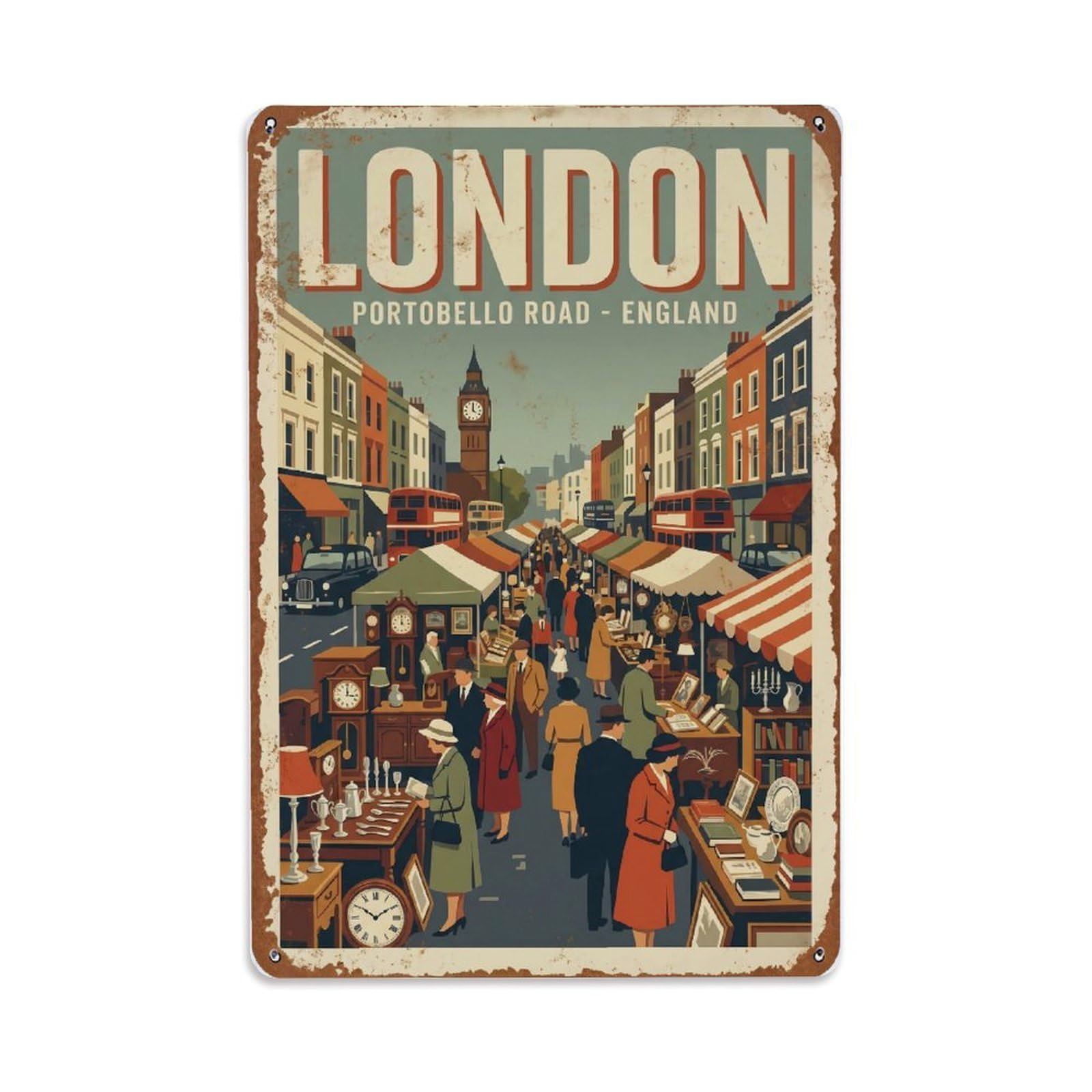 Vintage Travel London Portobello Road Market Antiques Rusted England Metal Tin Sign Plaque Wall Decor for Cafe, Club Bar, Office, Home Garden Metal Poster 8x12Inch