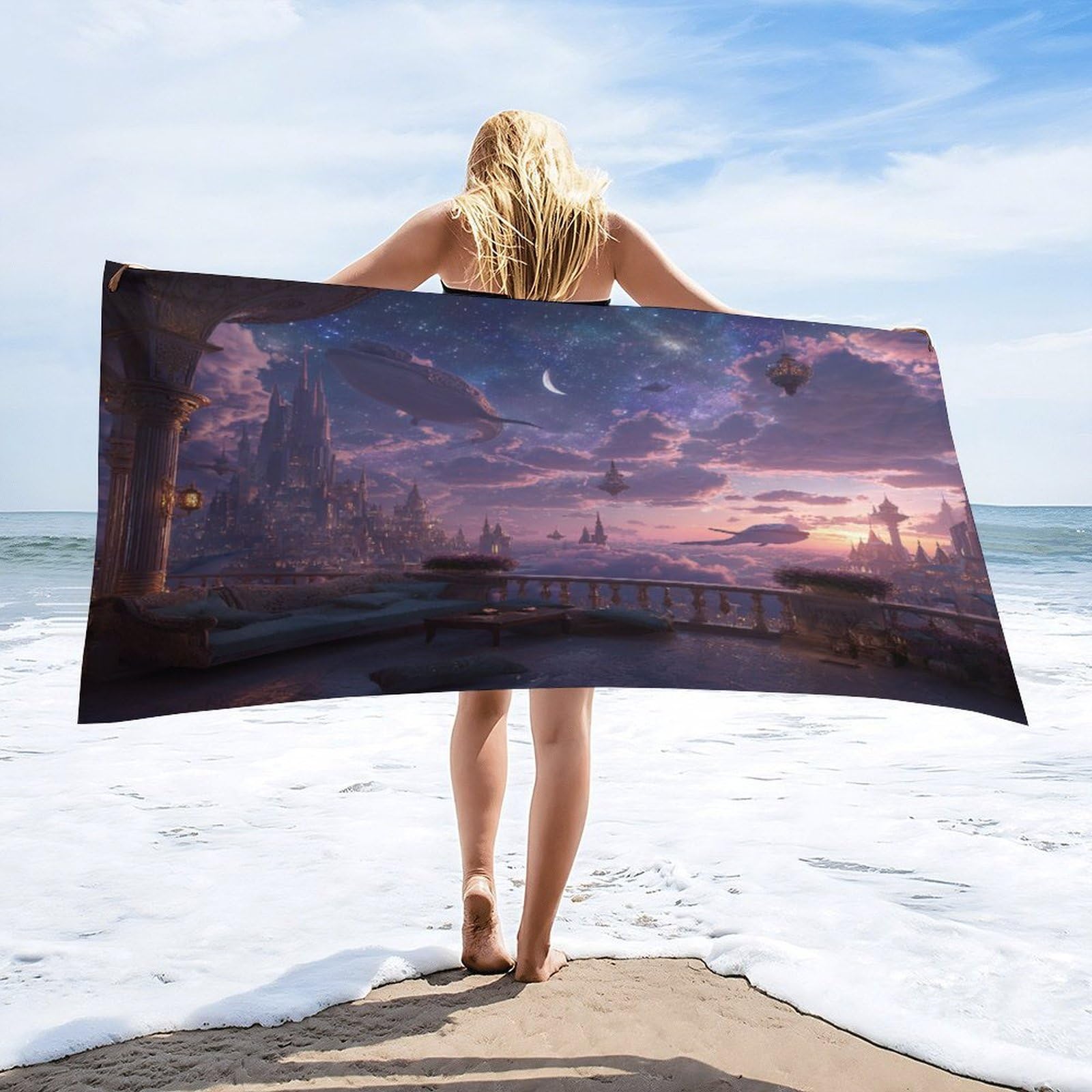 LUYYSKY Vintage Fantasy Animal Whale Quick-Drying Beach Towel, Romantic Abstract Starry Sky Galaxy Castle Bird Cloud Pattern Travel Vacation Single Sided Pile Bathroom Towels-80 W cm x 160" L cm