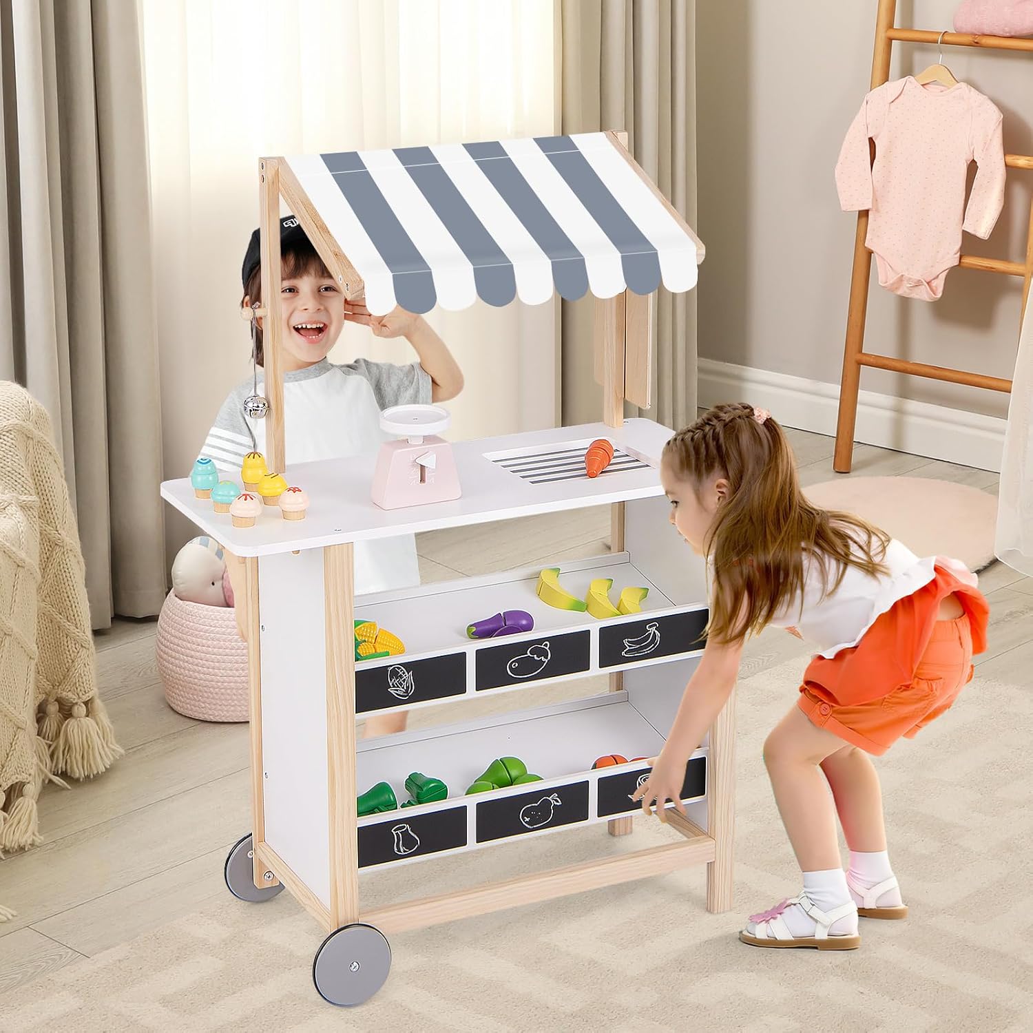 GLACER Ice Cream Cart for Kids - Wood Grocery Store Pretend Play with Making Counter, Produce Scale, Chalkboard, Bell, Wheels, Canopy, Portable Ice Cream Stand for Boys Girls (White)