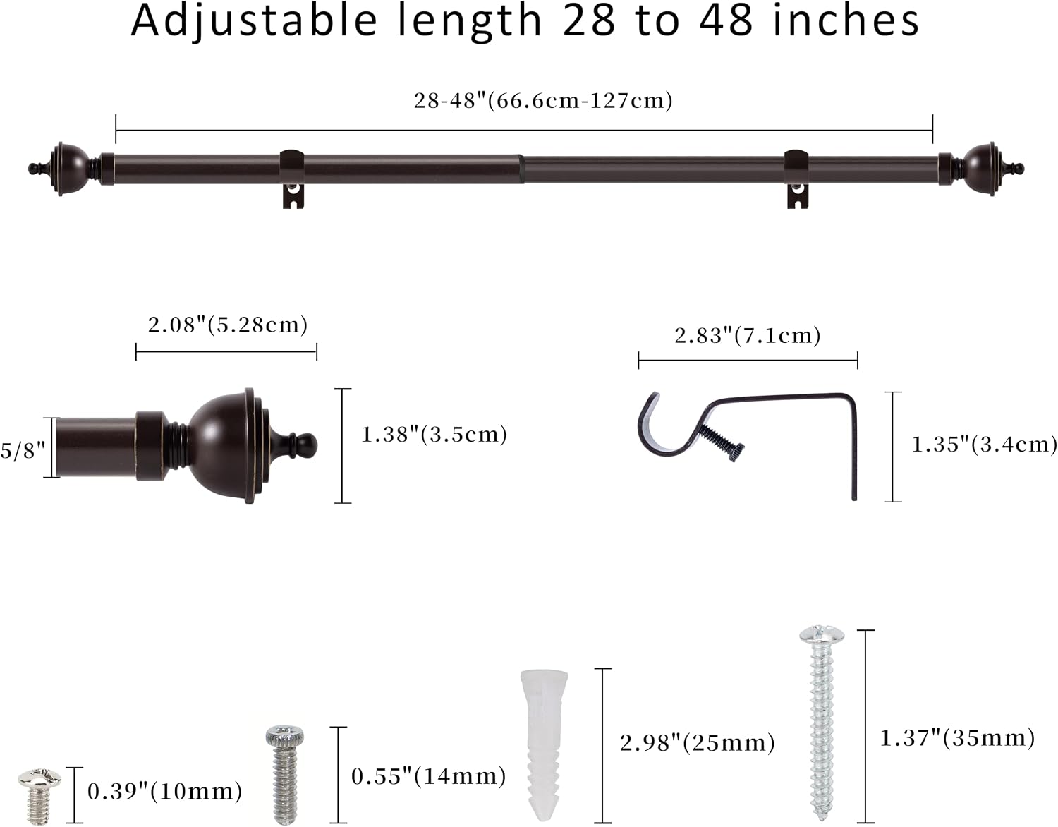 5/8" Single Curtain Rod with Royale Finials (Bronze Gold, 28''-48'')