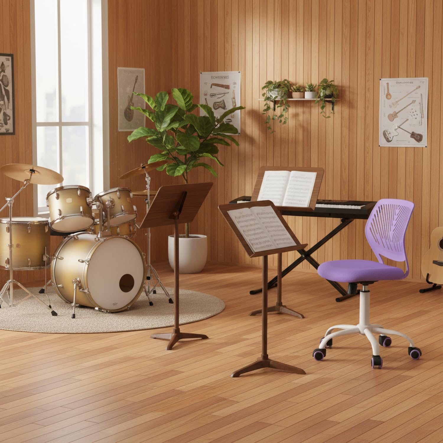 FurnitureR Schlagzeug Hocker Drehbar Höhenverstellbar 360 Grad Stoff Sitz PP Rücken 130kg SGS Rollen Drummer