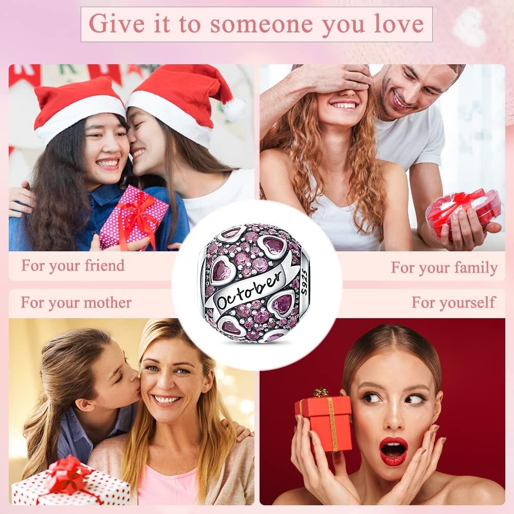 HappyStar 925 Sterling Silver Month Birthstone Charm for Bracelets Necklace，with 5A Cubic Zirconia Dangle Pendant Bead,Happy Birthday Valentine's Day - Image 5