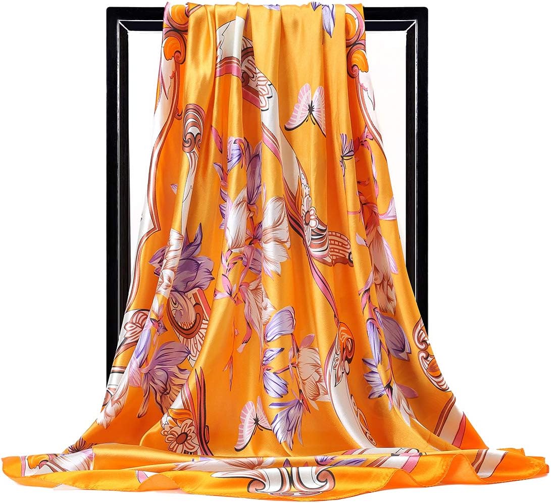 Womens Designer Scarf Square Silk Feeling Satin Headscarf Hijabs Bandanas Scarfs for Hair 35" × 35”