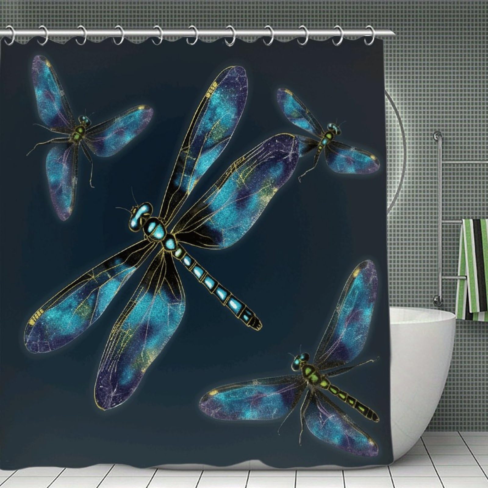 VstaDank Dragonfly Shower Curtain Waterproof Bathroom Curtain with Hooks Luxury Weighted Bath Curtains for Bathtubs Showers Room Dividers Decorative Shower Curtains 71x71 in