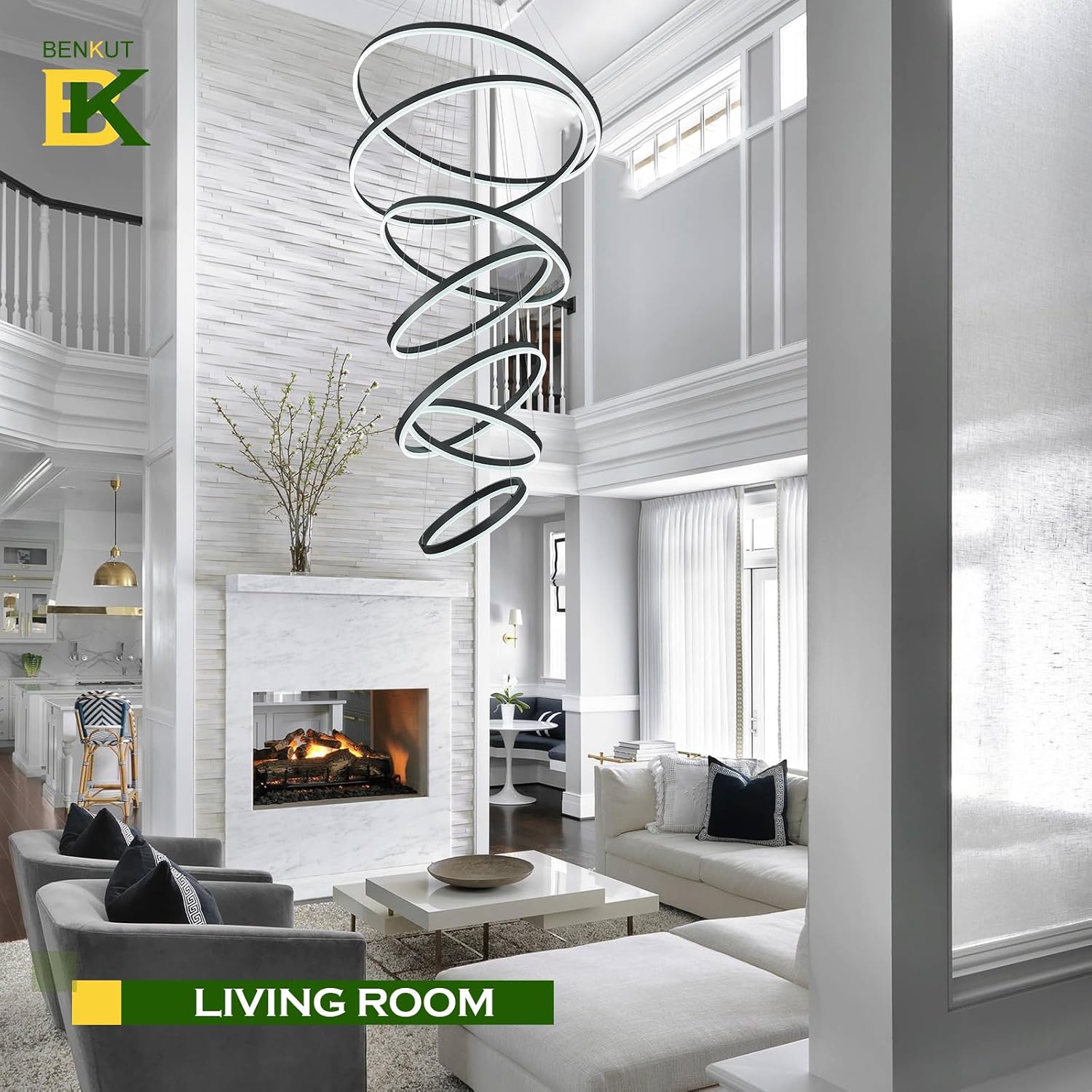 Benkut 7 Rings Modern LED Chandelier Black Dimmable Large Foyer Chandeliers Entryway High Ceiling for Staircase, High Ceiling Pendant Lights for Entryway Living Room, 3000K-6500K CCT