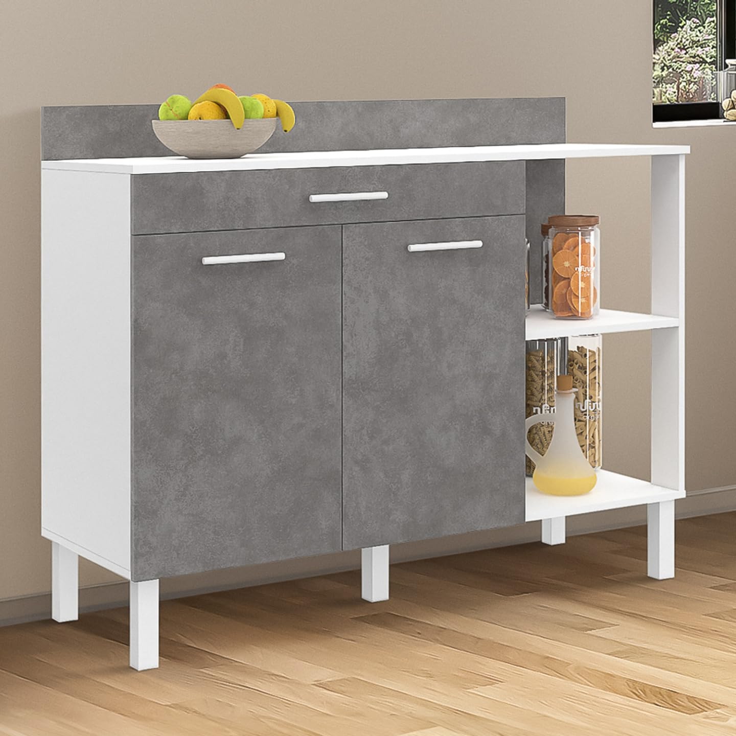 IDMarket - Aparador bajo de cocina CINA 120 cm encimera H.83 cm, 2 puertas + cajón blanco y efecto hormigón