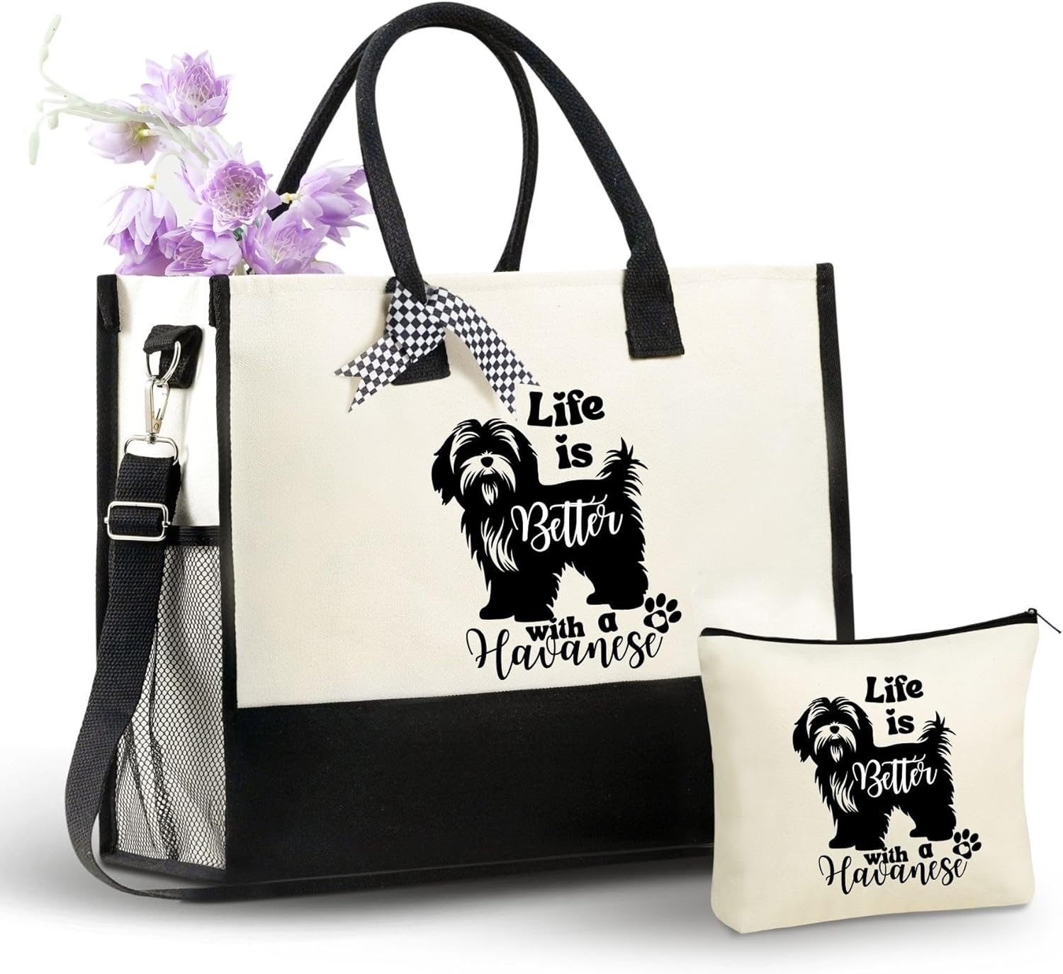 InnoBeta Havanese Gifts for Women, Life Is Better with A Havanese, Canvas Tote Bag for Dog Mom, Dog Lover, Owner, Bag with Top Zipper Closure and Shoulder Strap for Birthday