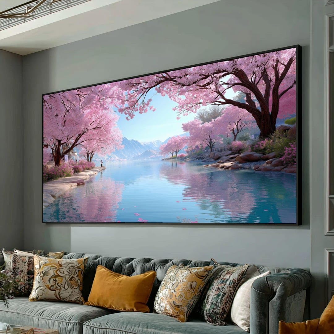 TONGYINLI Cherry Blossom Trees Lake Scene Artwork, Pink Floral Wall Art, Spring Nature Landscape Canvas Painting(65x120cm/Internal Frame)
