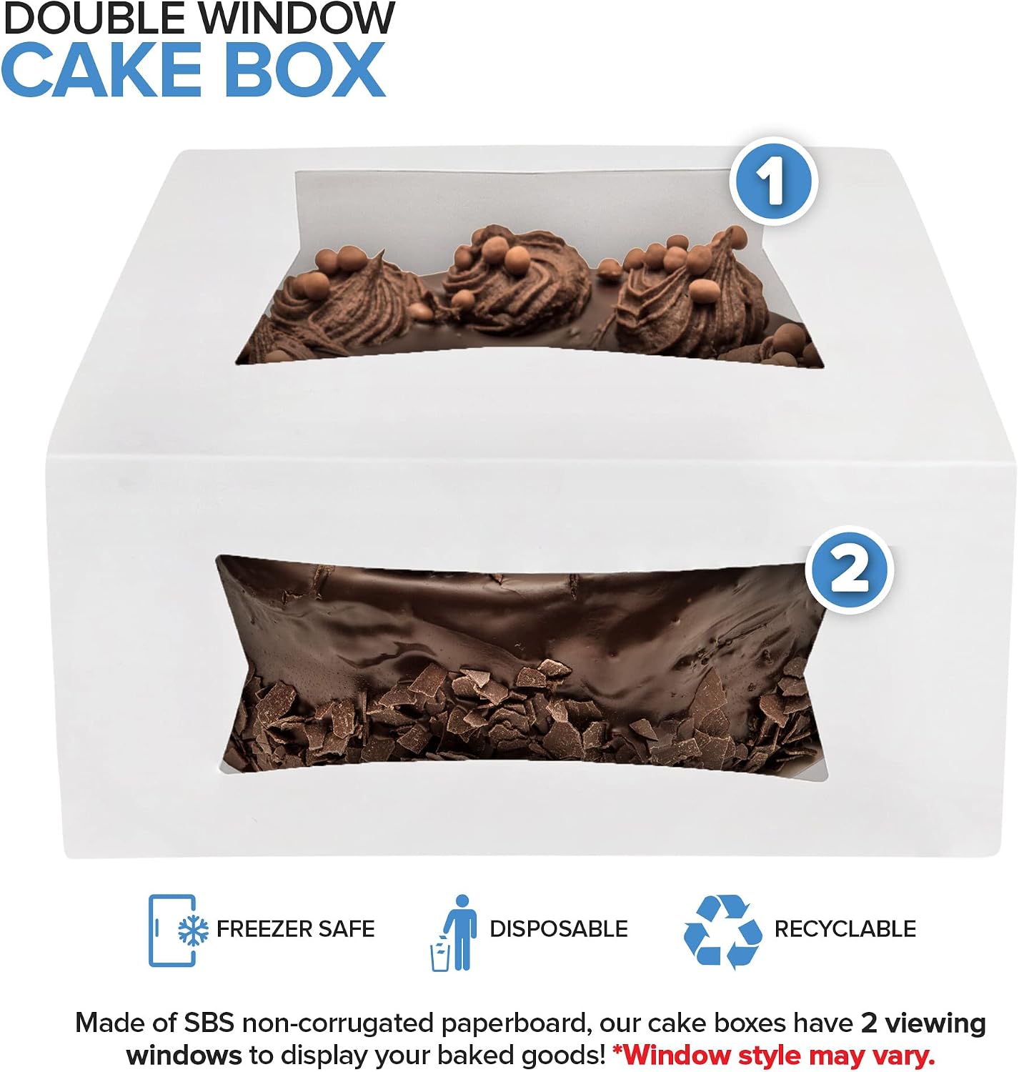 Stock Your Home Double Window Cake Box (10 Pack) - 10” Cake Box with Windows - Auto Pop Cake Box - Grease Resistant Cake Rounds - White Bakery Box & Cake Boards - Paperboard Bakery Box with Windows
