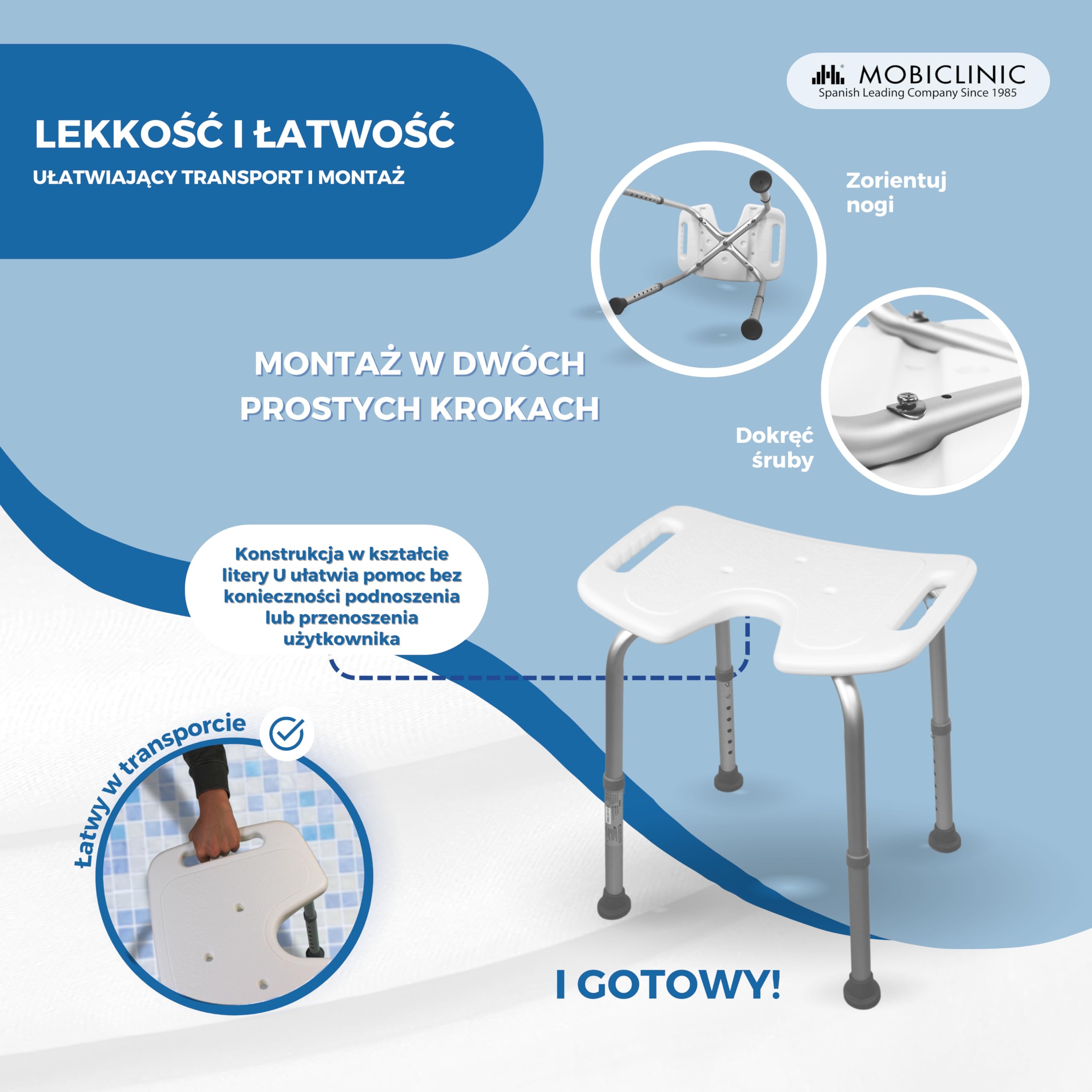 Ławka łazienkowa | Regulowana wysokość | Siedzisko w kształcie litery U | Podkładki antypoślizgowe | Bahía | Mobiclinic