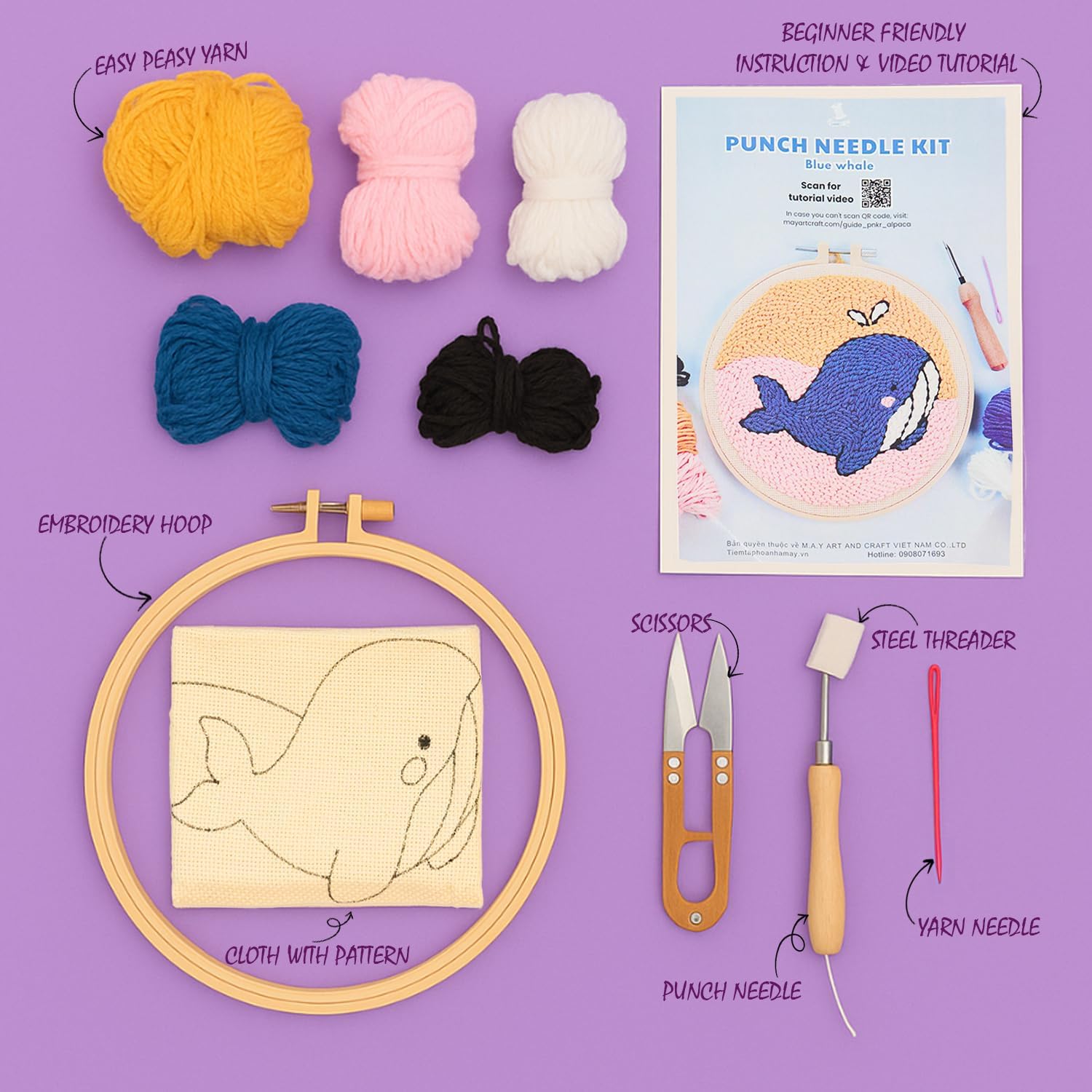 MayA&C Maycraft 2 Set Punch Needle Embroidery Starter Kits Include Instructions, Easy DIY Embroidery Set for Beginners, Kids & Adults (Lion + Whale)