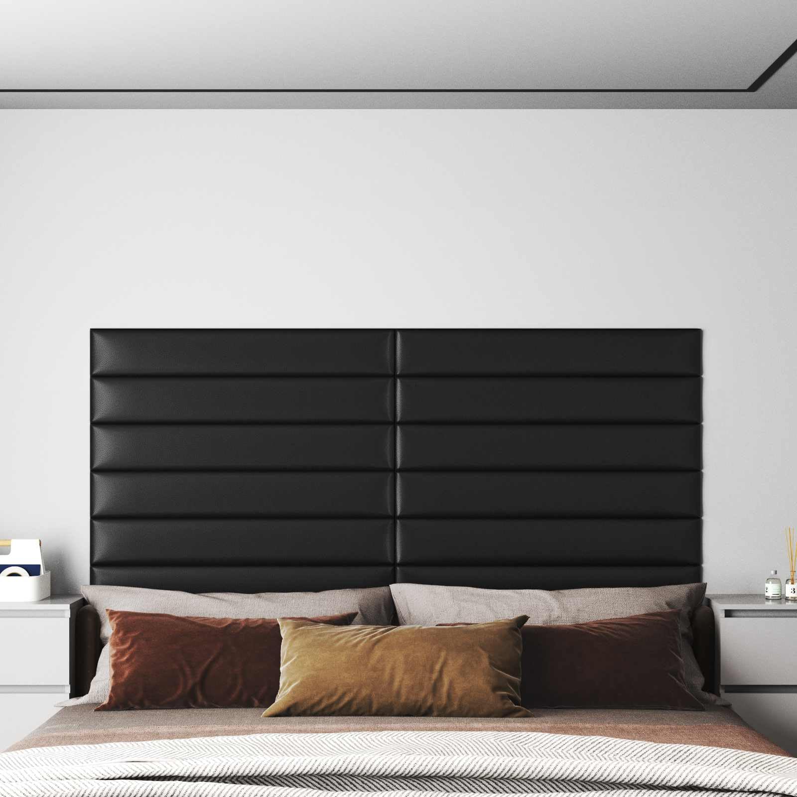 Juego de 12 cabezales de pared de 90 x 15 cm de tela negra, revestimiento de pared para interiores, paneles, revestimientos, revestimientos para dormitorio y renovación