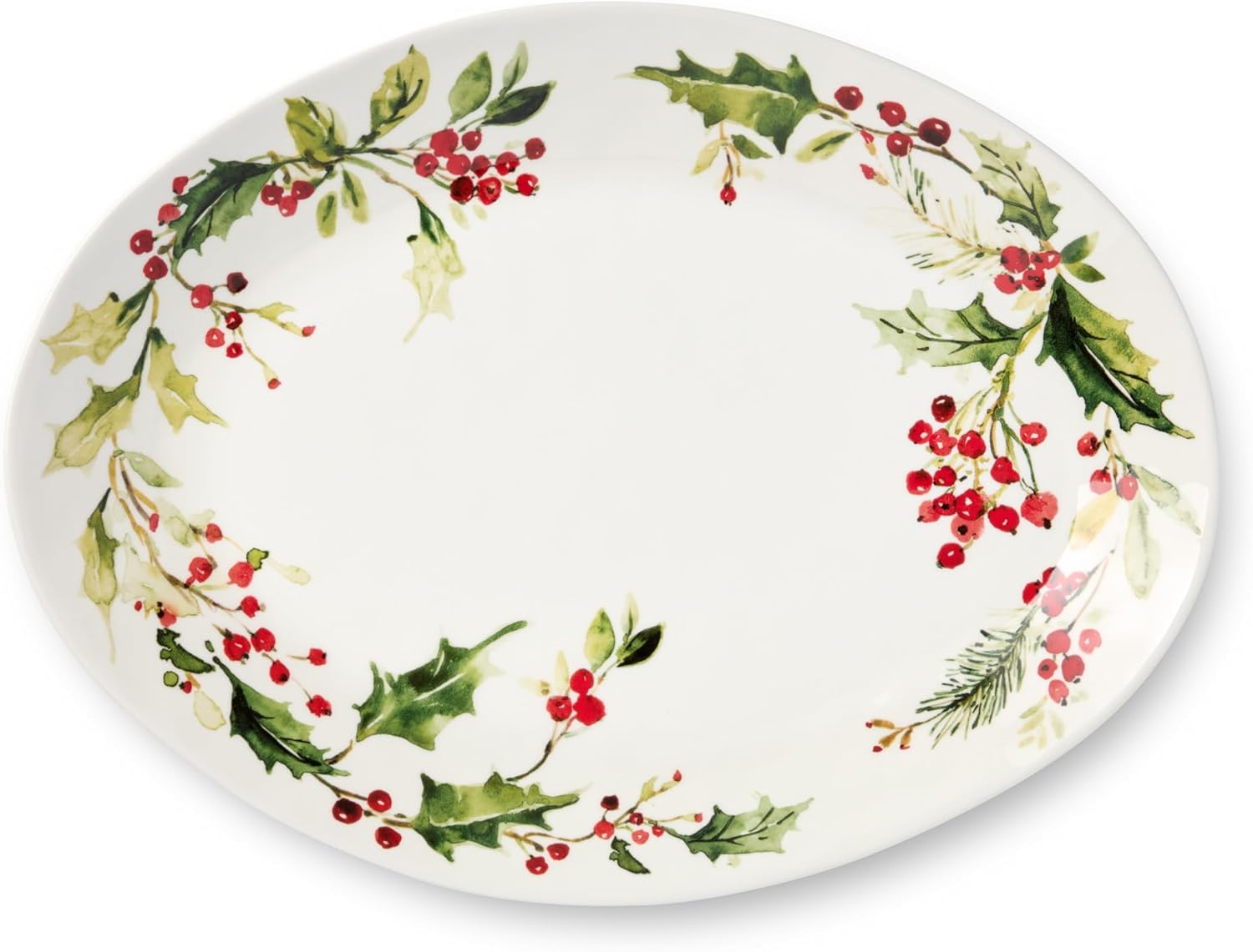 Holly and Vines Oval Platter, Stoneware Holiday Serving Platter for Roasts, Turkey, Appetizers, and Holiday Desserts, Microwave & Dishwasher Safe Christmas Tableware for Entertaining & Gifting