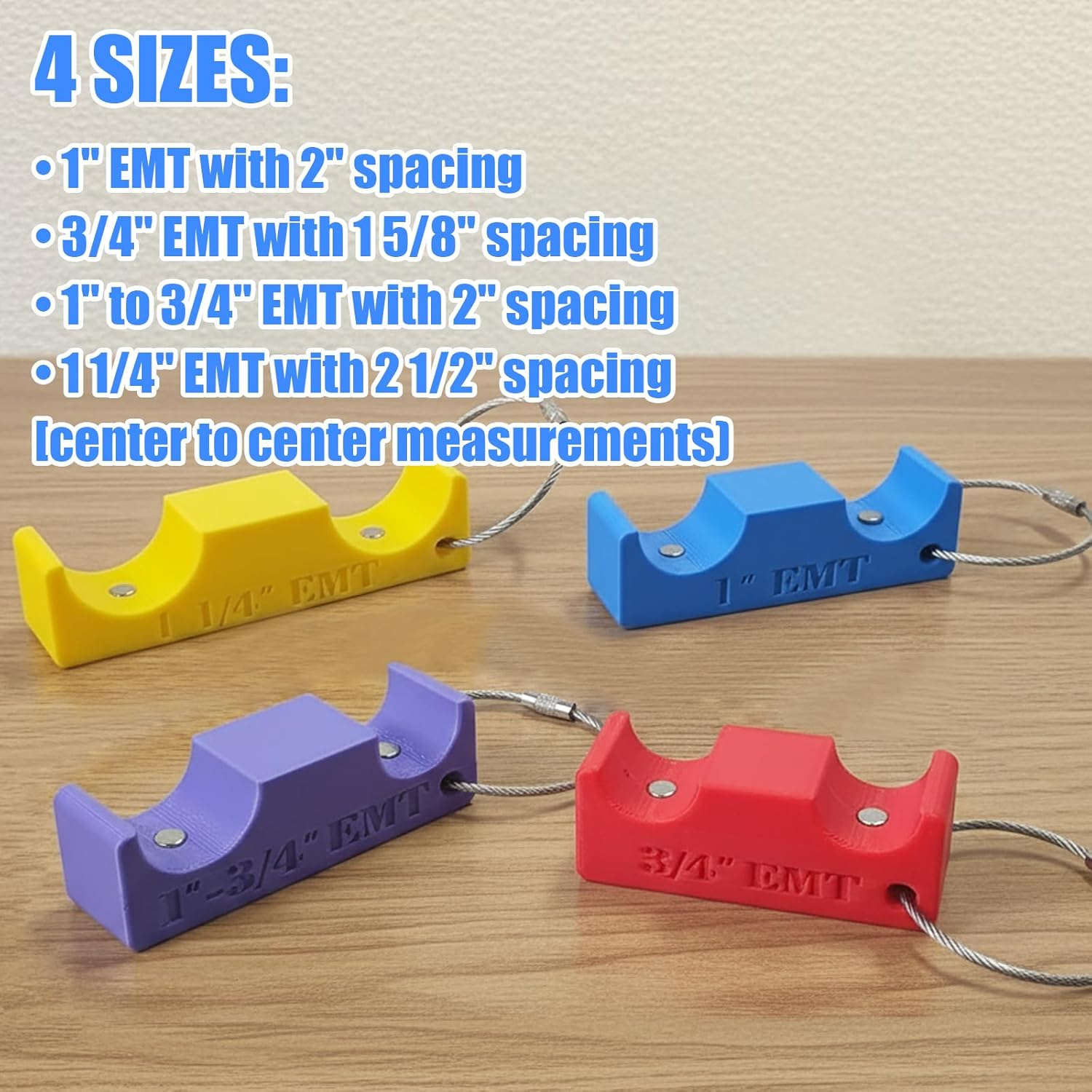 Magnetic Electrical Conduit Spacer Set 4 size（1"EMT,3/4"EMT,1"EMT-3/4"EMT, 1 1/4"EMT ） Strong magnetic hold for electrical spacers, it is an indispensable tool in an electrician's toolbox