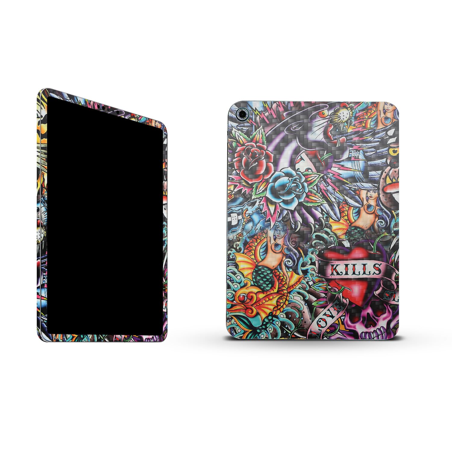 MightySkins Carbon Fiber Skin Compatible with Apple iPad 10.9" 10th Gen (2022) Full Wrap Kit - Old School Tattoo | Protective, Durable Textured Carbon Fiber Finish | Easy to Apply | Made in The USA