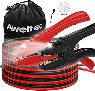 AWELTEC Heavy Duty Jumper Cables,6 Gauge 16 Feet Booster Battery Cable,Automotive Wires with LED Light,Alligator Clips,Carrying Bag,Safety Gloves and Iron Brush for Cars Truck