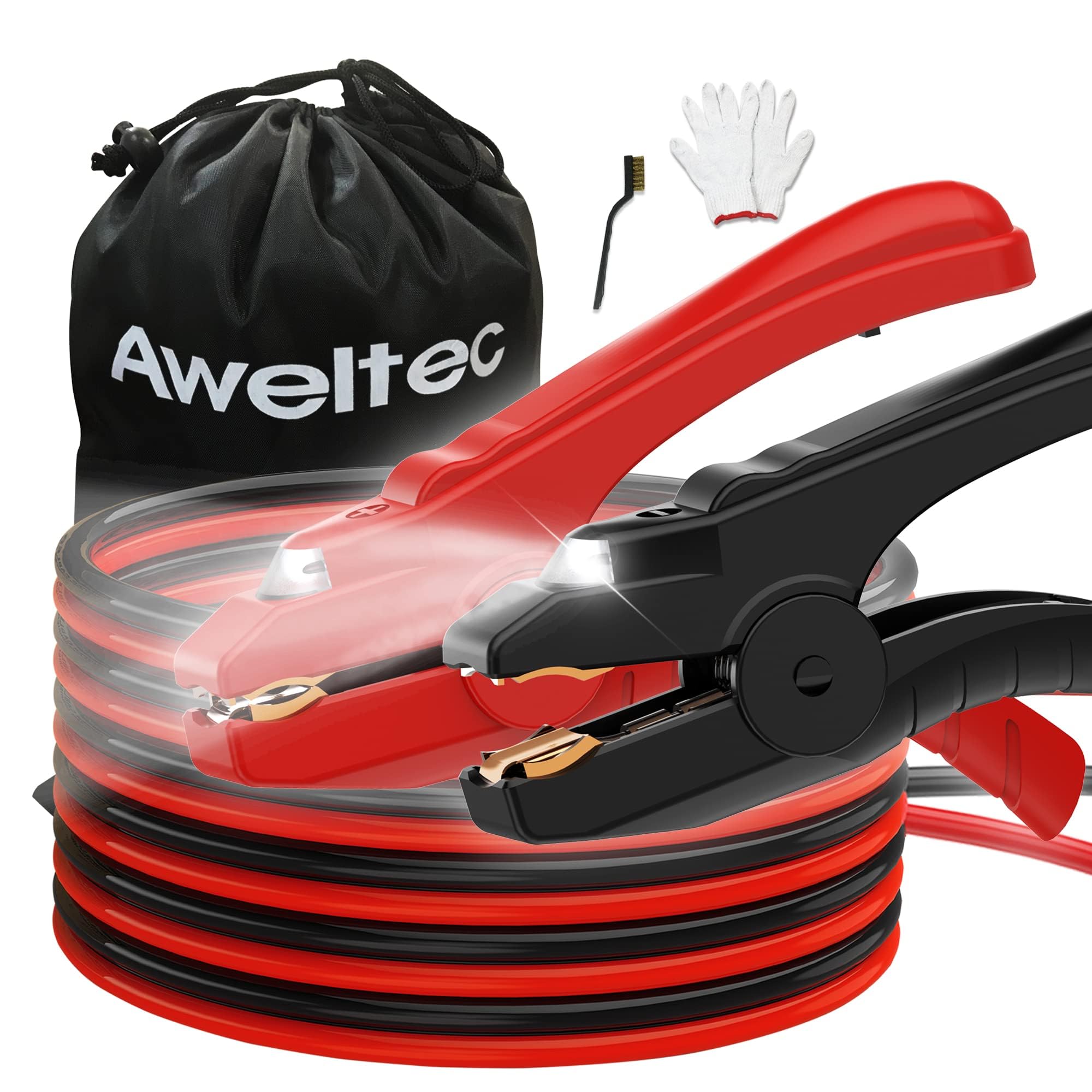 AWELTEC Heavy Duty Jumper Cables,6 Gauge 16 Feet Booster Battery Cable,Automotive Wires with LED Light,Alligator Clips,Carrying Bag,Safety Gloves and Iron Brush for Cars Truck
