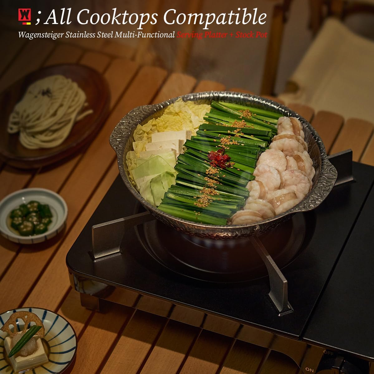 WAGENSTEIGER Stainless Steel Serving Platter, Buffet Party & Catering Pans, Candy Bowl, Ramen Cooking Bowl, 3-Ply Sukiyaki Pan with Aluminum Core (9.45" Diameter With Handles)