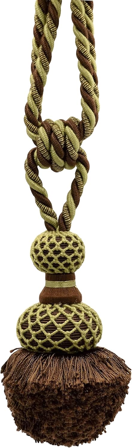 DÉCOPRO 24" Spread Traditional Tie Lattice Crown Brush Tassel Tieback (TBMOP05-RN), Lemon Brown Multicolor #CC02 (Chocolate Brown, Light Yellow), Set of 2