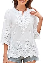 Womens Tops 3/4 Length Sleeve Eyelet Blouse Peasant Flowy Boho Top Hollow Out Embroidered Notch V Neck Shirts