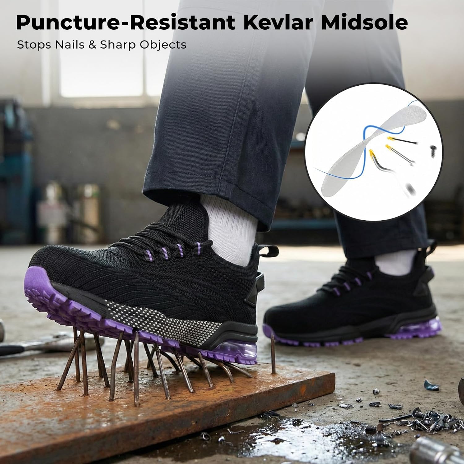 SPIEZ Safety Shoes for Women, Composite Toe Work Shoes with Air Cushioned Comfort, Lightweight Puncture Proof Safety Sneakers for Work and Daily Wear, Black Pink/Purple US4.5–10 - Image 5