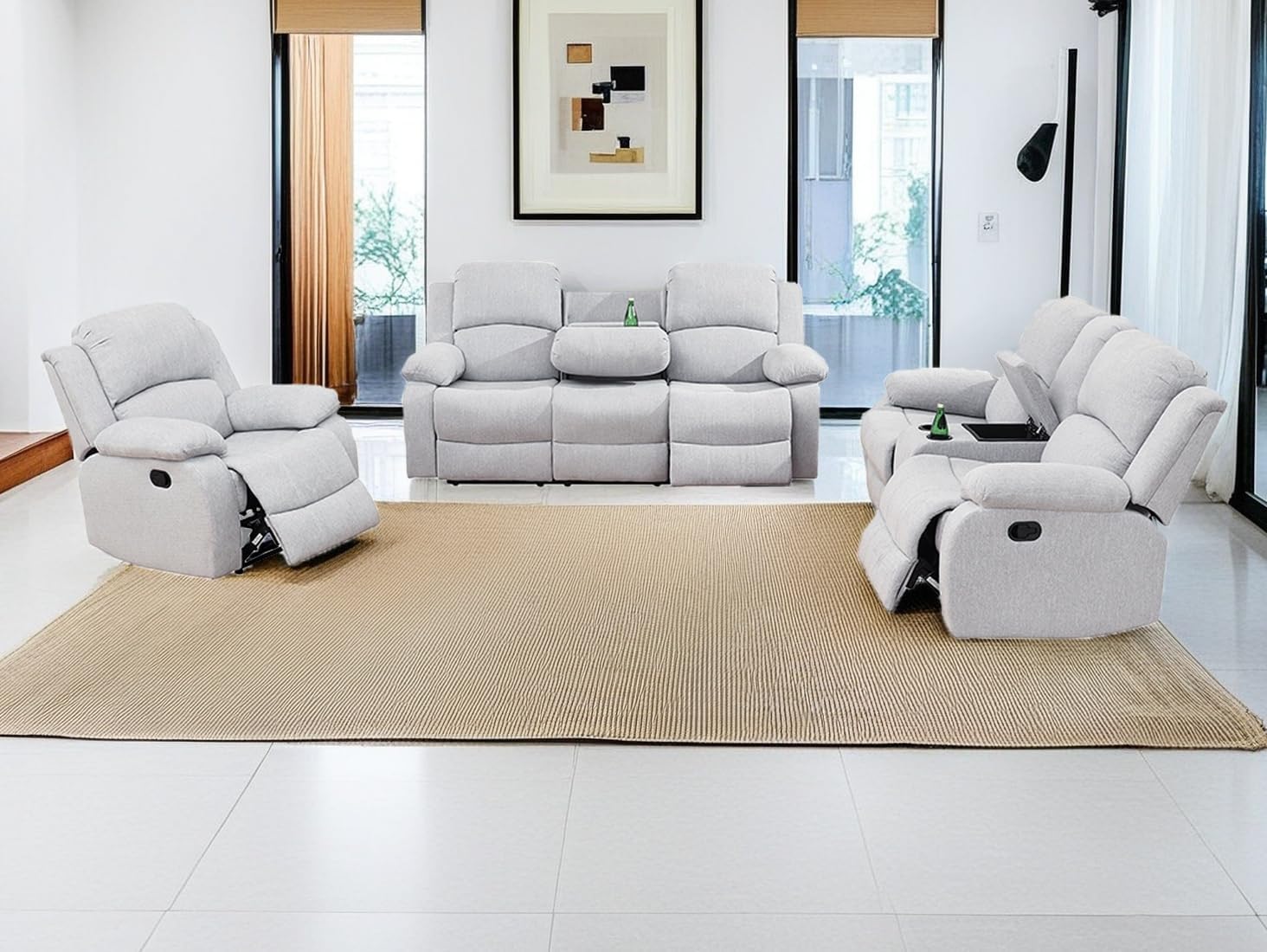 Living Room Furniture Sets Manual Reclining Sofa Set 3PCS Fabric Recliner Sofa Set Loveseat Couch Chair Set with Cup Holders&Storage Console for Living Room/Office (Grey White, 3 PCS Set)