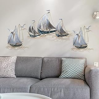 edaknez Set of 3 Metal Sailboat Wall Art, Metal Blue Ship Wall Decor, Co...