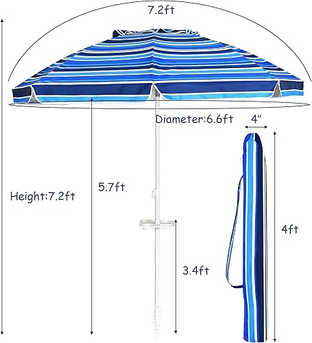 Miniatura 4 de Tangkula Sombrilla de playa de 7.2 pies, sombrilla de playa portátil con anclaje de arena, mecanismo de inclinación, 8 varillas resistentes, poste