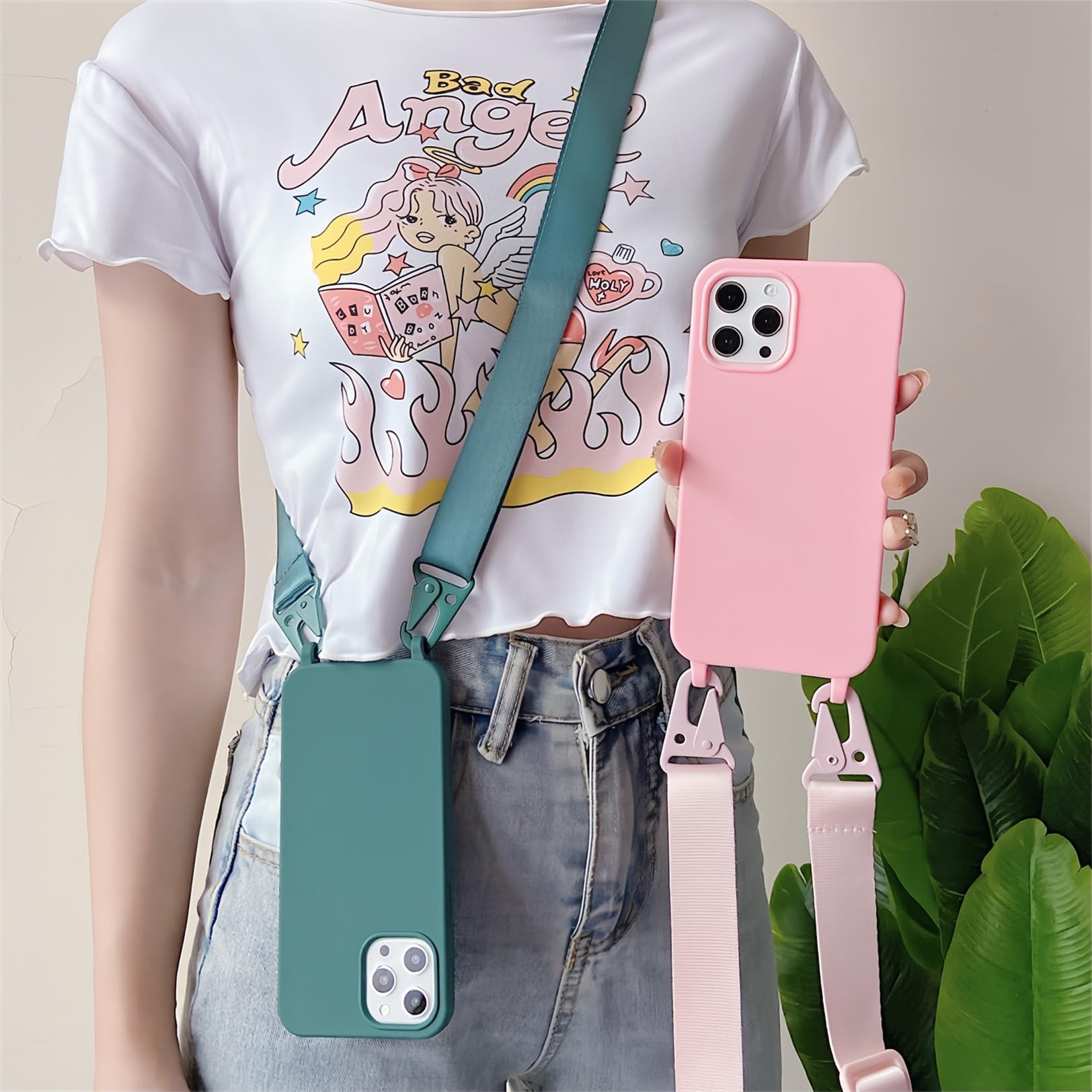 Emlivi Custodia per iPhone 12 Pro Max, con tracolla in nylon morbido silicone TPU con cordino da appendere, custodia antiurto con cinturino per iPhone 12 Pro Max, verde militare