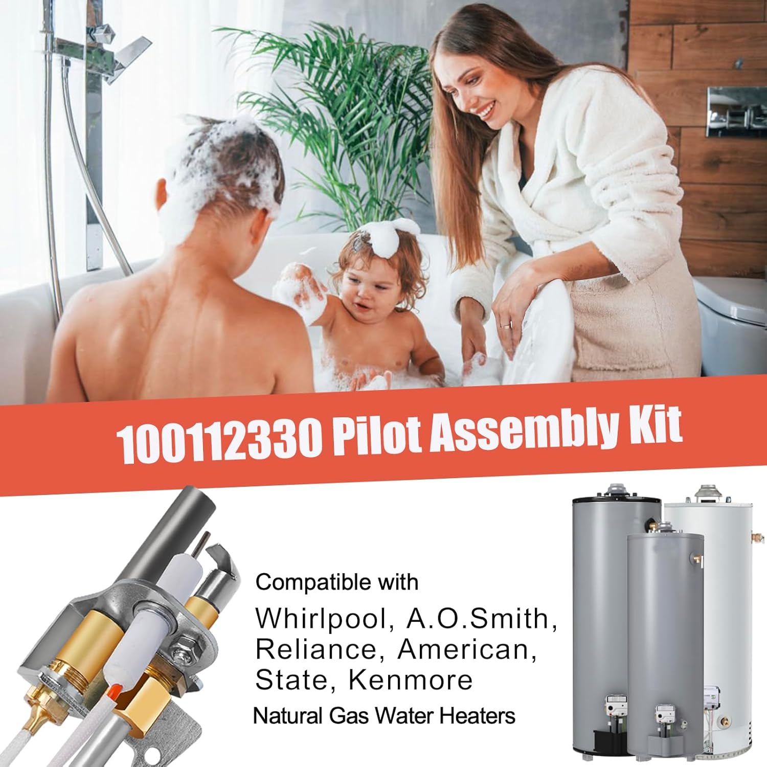 100112330 9007876 9007877 Pilot & Gas Thermopile Assembly Replacement Kit for Water Heaters, Compatible with Whirlpool 300/301 Series, A.O. Smith, Reliance, American, State, Kenmore
