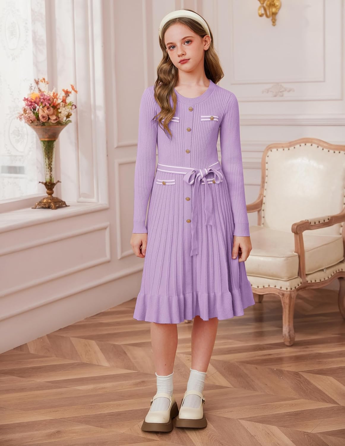 GRACE KARIN Girls Fall Sweater Dress Tween Long Sleeve Fashion Button Front Fancy Ruffle Winter Casual Dresses Size 6-14 - Image 7