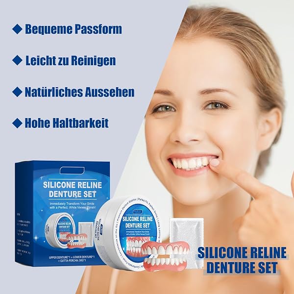 Kit complet de prothèses dentaires en silicone - Prothèses dentaires confortables - Doublure en silicone - Prothèses dentaires souples à clipser - Prothèses dentaires cosmétiques temporaires - 2