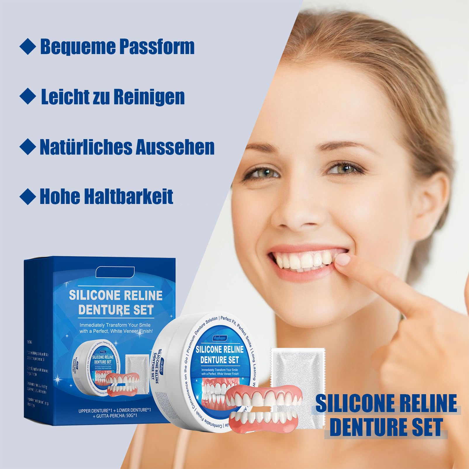 Silicone Reline zestaw do zębów, zestaw silikonowych protez zębowych, kompletny zestaw protez, wygodne protezy silikonowe, miękkie protezy do nakładania, kosmetyczne, tymczasowe protezy