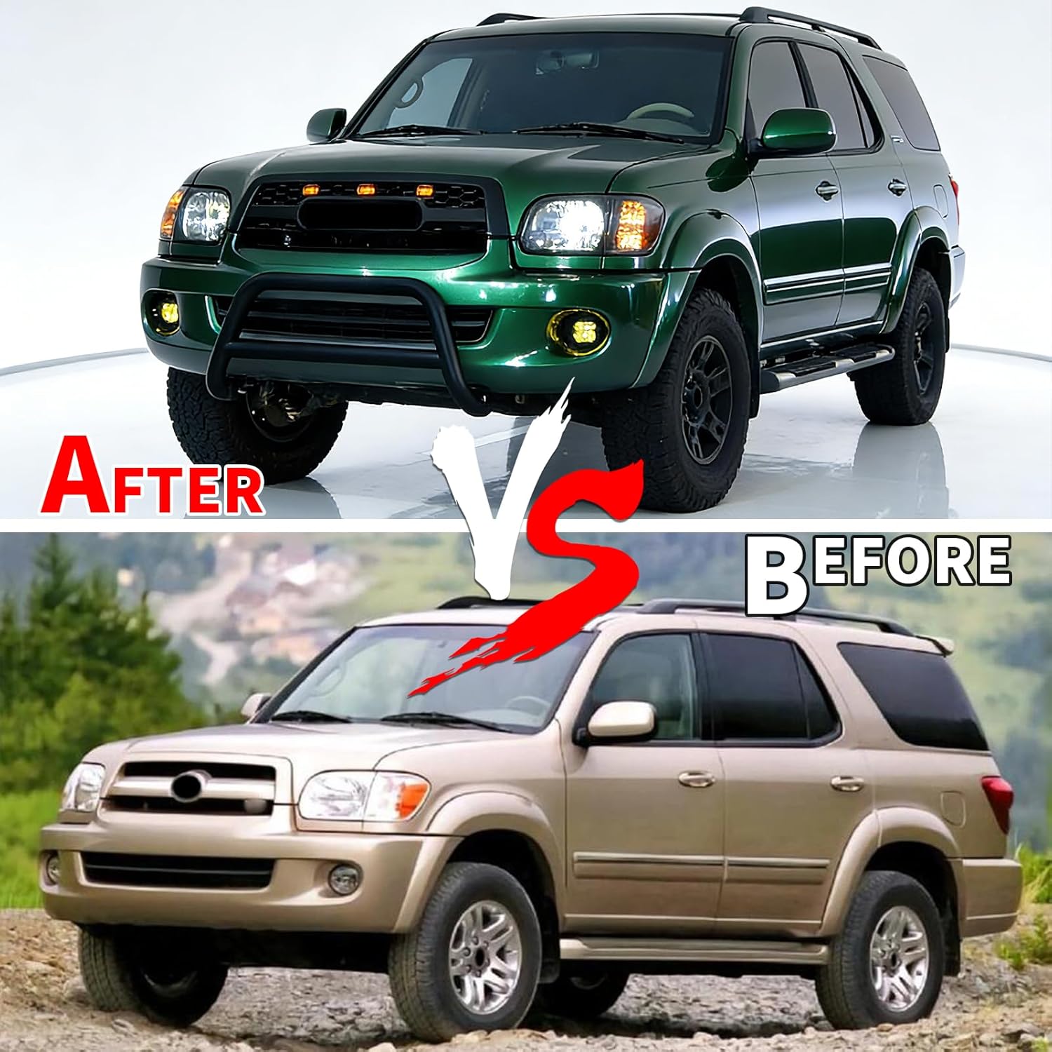KHK Front Grill Compatible with Sequoia 2005-2007, Front Bumper Grille Mesh Grille Replacement, Matte Black, w/t Amber Light Up/Letters/Accessories, Heavy Duty Truck Exterior Styling