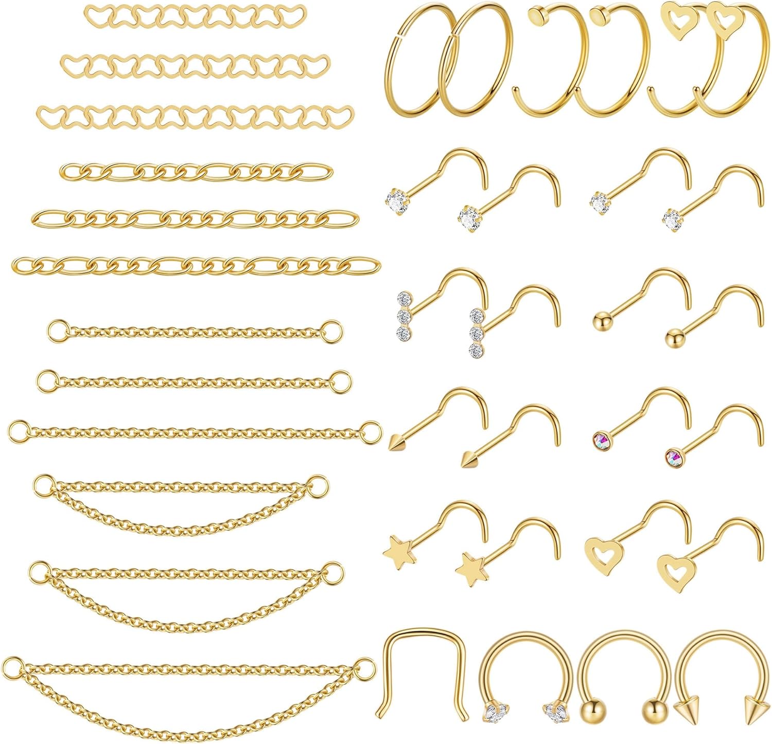 38Pcs 316L Stainless Steel Nose Ring for Women Men Heart Nose Stud Chain Double Nose Chain Piercing Across Nose CZ Nose Piercing Stud Nostril Jewelry thumbnail