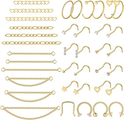 38Pcs 316L Stainless Steel Nose Ring for Women Men Heart Nose Stud Chain Double Nose Chain Piercing Across Nose CZ Nose Piercing Stud Nostril Jewelry