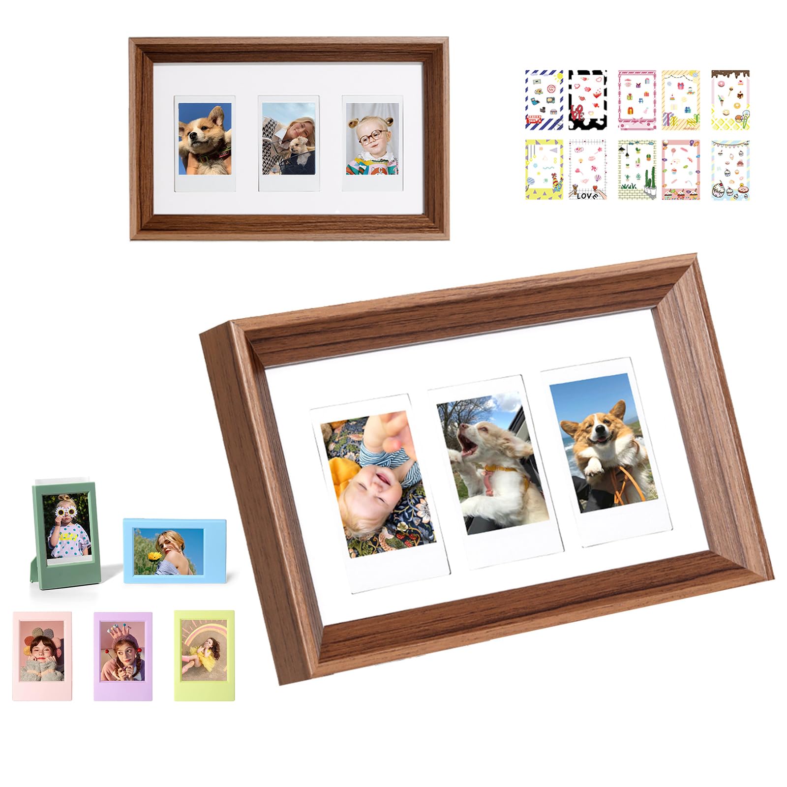 WOGOZAN Mini 3 Inch Film Photo Frame for Fuji Polaroid Instax Mini 12/11/99/EVO Instant Camera, Can Holds 2.2x3.4 Inches 3 Photos with Sticker and 5 Pack Colorful Mini Picture Frame (Only One)(Brown)