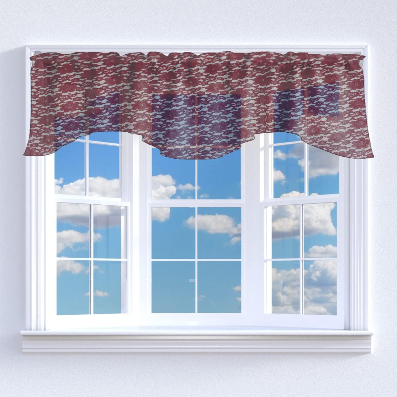 Zen Creative Designs Sheer Floral Lace Scalloped Wave Window Valance Home Décor Bedroom Nursery Kitchen Window (Burgundy)